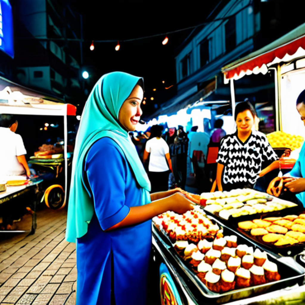 Bustling Pasar Malam Scene**
"A vibrant pasar malam (night market) scene in Kuala Lumpur, Malaysia. Focus on a woman in a modest baju kurung buying kuih (traditional cakes) from a vendor with a colorful stall. Background includes other vendors selling food and clothing, and crowds of people. Bright, warm lighting, realistic details, high resolution, safe for work, appropriate content, fully clothed, professional, modest, family-friendly, perfect anatomy, correct proportions, natural pose, well-formed hands, proper finger count, natural body proportions."
**