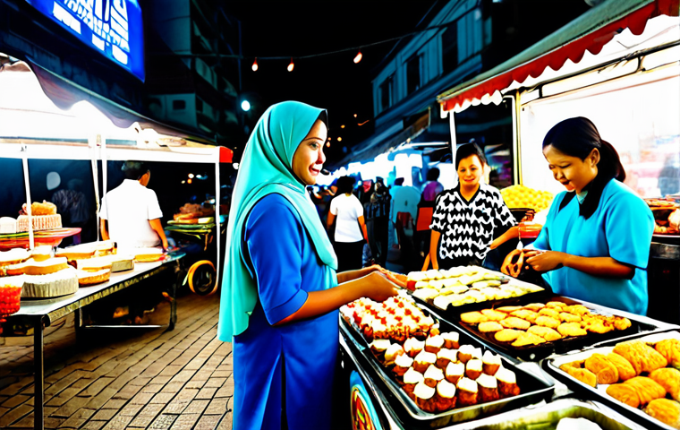 Bustling Pasar Malam Scene**
"A vibrant pasar malam (night market) scene in Kuala Lumpur, Malaysia. Focus on a woman in a modest baju kurung buying kuih (traditional cakes) from a vendor with a colorful stall. Background includes other vendors selling food and clothing, and crowds of people. Bright, warm lighting, realistic details, high resolution, safe for work, appropriate content, fully clothed, professional, modest, family-friendly, perfect anatomy, correct proportions, natural pose, well-formed hands, proper finger count, natural body proportions."
**