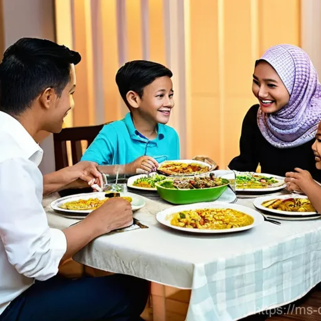 디지털 기기 사용에 대한 규칙과 경계 설정하기 - **Prompt:** "A warm and inviting scene of a multiracial Malaysian family (a father, mother wearing a...