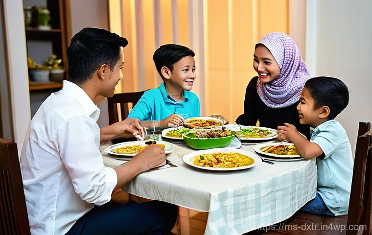 디지털 기기 사용에 대한 규칙과 경계 설정하기 - **Prompt:** "A warm and inviting scene of a multiracial Malaysian family (a father, mother wearing a...