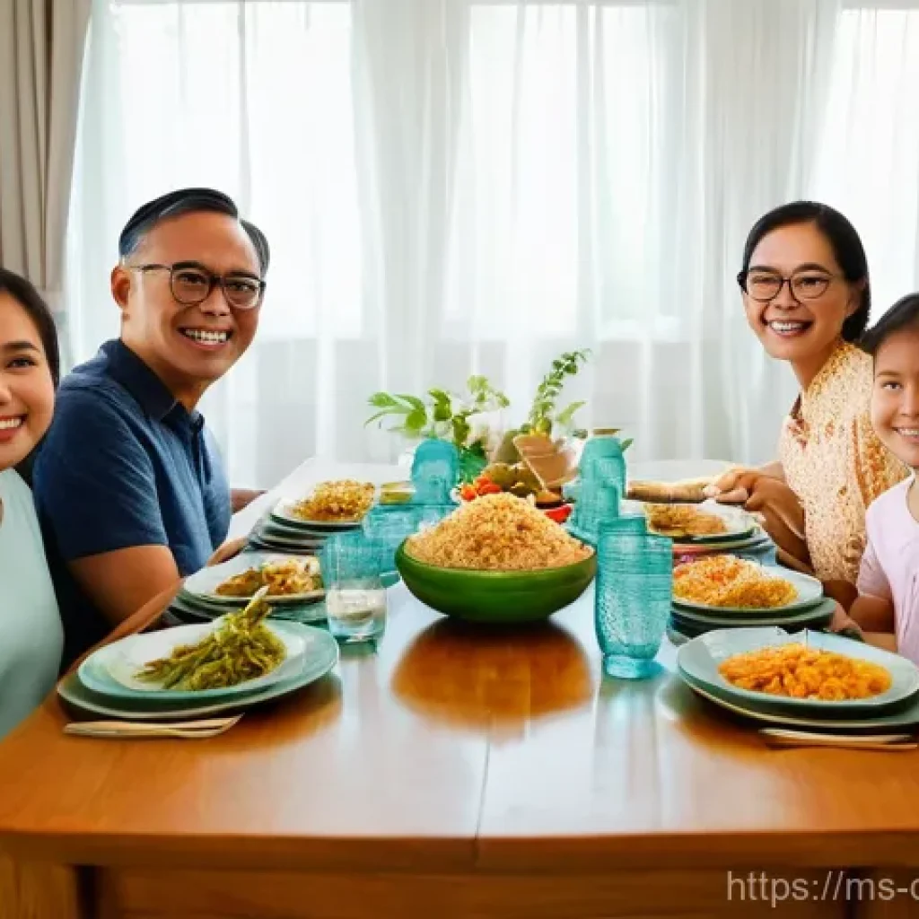 가족과의 시간으로 디지털 번아웃 예방하기 - **Prompt:** A warm and inviting scene of a multi-generational Malaysian family enjoying a communal d...