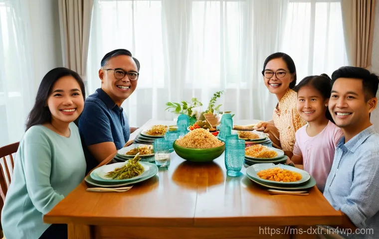 가족과의 시간으로 디지털 번아웃 예방하기 - **Prompt:** A warm and inviting scene of a multi-generational Malaysian family enjoying a communal d...