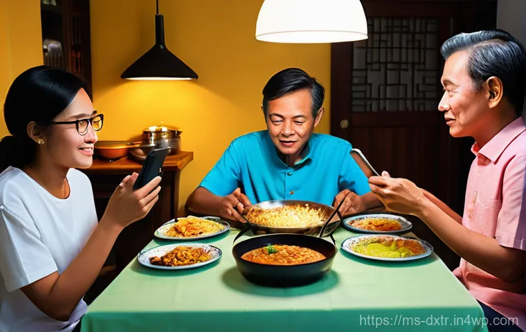 주기적인 디지털 기기 사용 중단의 중요성 - **Prompt 1: The Disconnected Dinner Table**
"A cozy, warm-lit evening scene of a Malaysian famil...