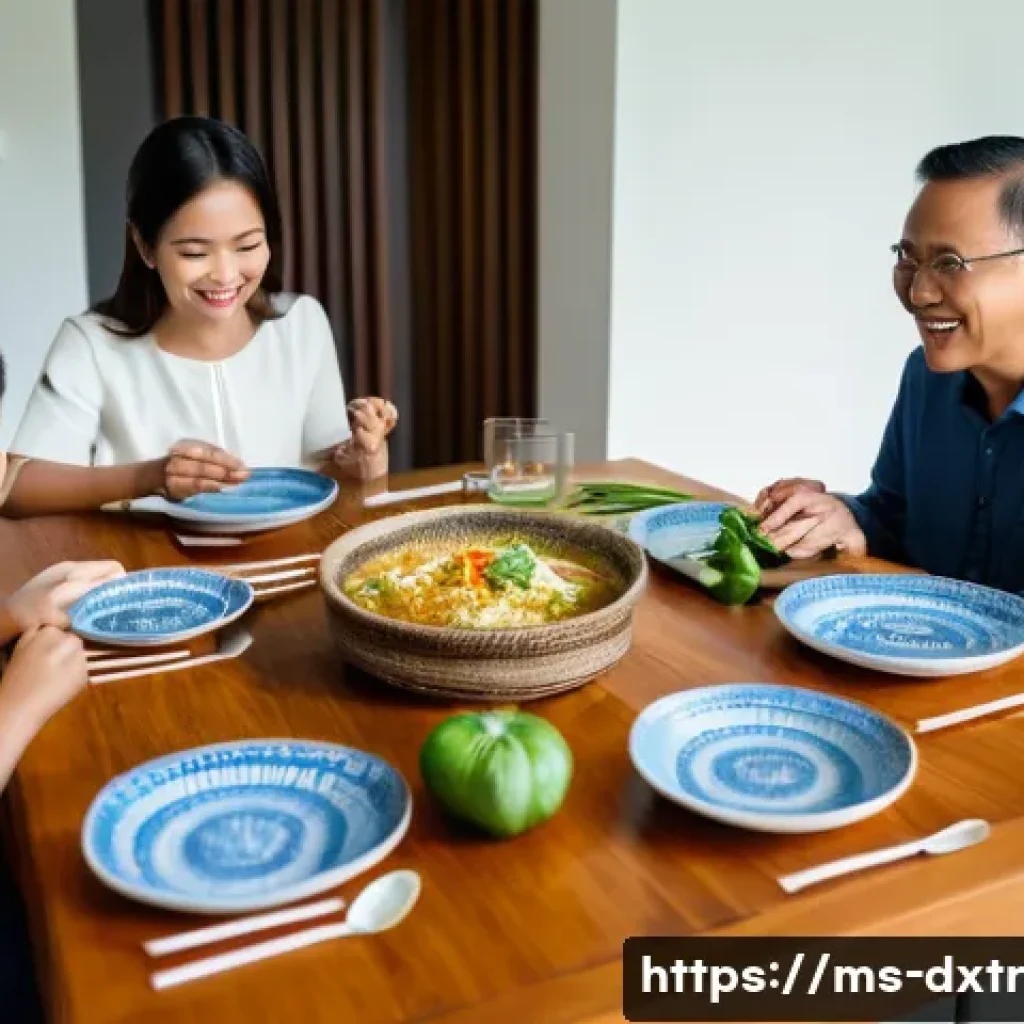 디지털 번아웃을 예방하기 위한 지속 가능한 방법 - **Prompt:** A serene Malaysian family enjoying a traditional dinner together in a warmly lit home. T...