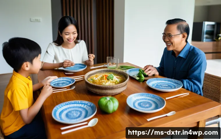 디지털 번아웃을 예방하기 위한 지속 가능한 방법 - **Prompt:** A serene Malaysian family enjoying a traditional dinner together in a warmly lit home. T...