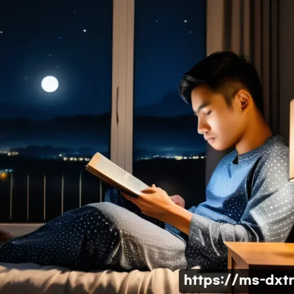 디지털 번아웃과 수면의 관계 - A cozy bedroom scene in a modern Malaysian home during nighttime, showing a young adult man sitting ...