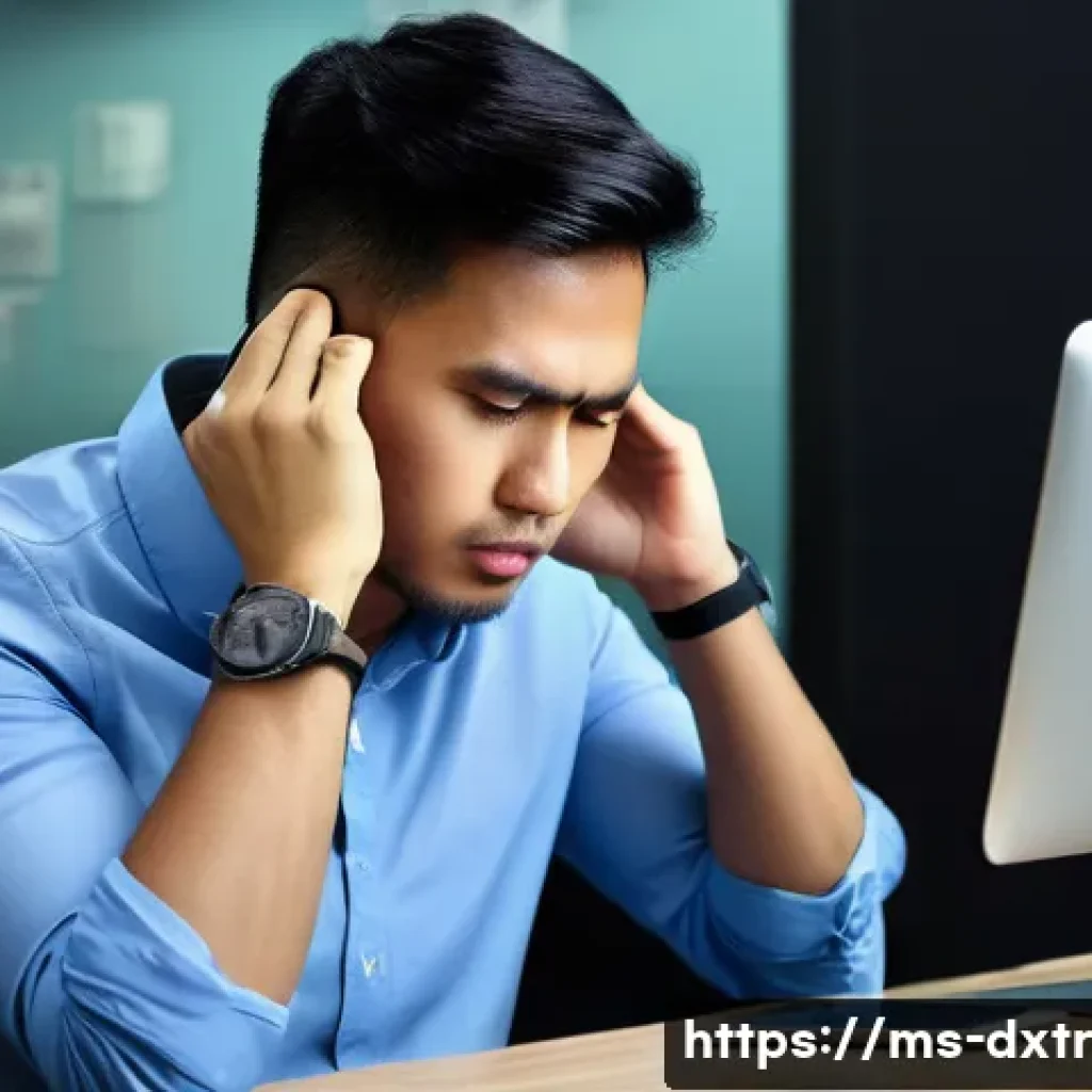 디지털 소통 방식의 변화와 번아웃 예방 - A young Malay professional in a modern office setting, sitting at a desk with multiple digital devic...