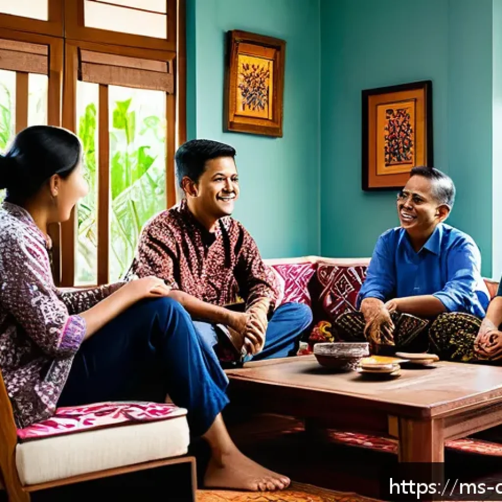 디지털 번아웃 예방을 위한 소규모 모임의 중요성 - A warm and cozy indoor scene showing a small diverse group of Malay friends in their mid-20s sitting...