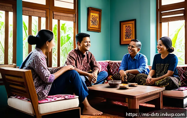 디지털 번아웃 예방을 위한 소규모 모임의 중요성 - A warm and cozy indoor scene showing a small diverse group of Malay friends in their mid-20s sitting...