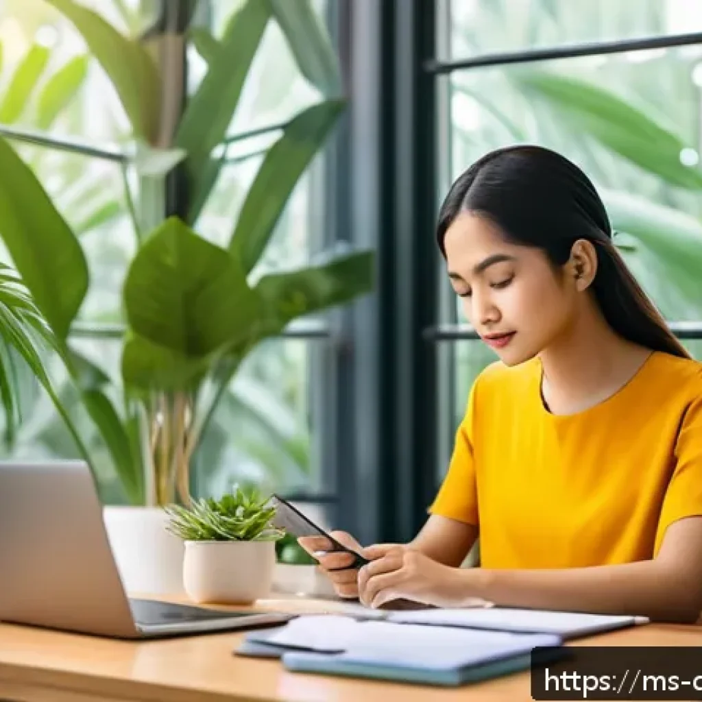 디지털 번아웃 예방을 위한 목표 설정 방법 - A serene Malaysian home office scene showing a young Malay professional woman practicing time blocki...