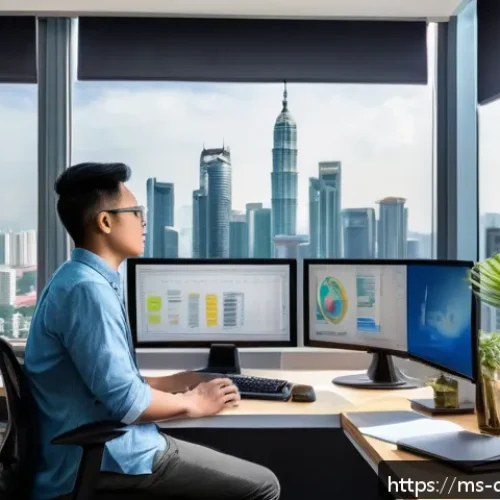 Home 33 디지털 기기 사용 후 피로 회복하기 - A modern Malaysian office workspace with a young adult male wearing casual clothing and glasses, per...