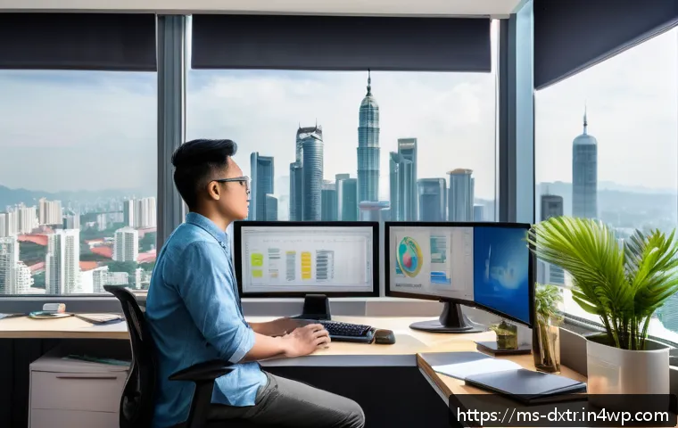 디지털 기기 사용 후 피로 회복하기 - A modern Malaysian office workspace with a young adult male wearing casual clothing and glasses, per...