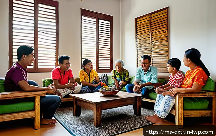 디지털 번아웃을 피하는 창의적인 방법 - A cozy Malaysian living room with a family of diverse ages sitting together, all devices put away in...