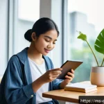 Home 18 디지털 기기 사용의 긍정적인 측면과 부정적인 측면 - A young Malaysian woman using a smartphone and tablet simultaneously in a modern living room, surrou...
